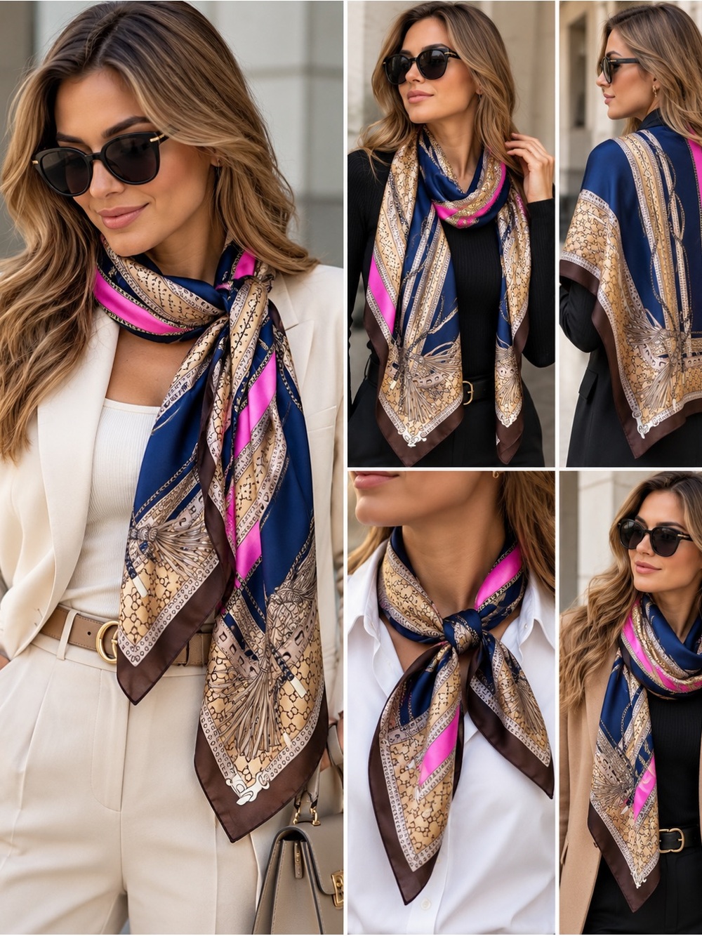 Elegant Navy & Pink Patterned Women's Square Scarf